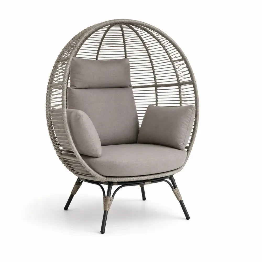 Garten Eiersessel mit Polstern aus PE-Rattan und pulverbeschichtetem Stahl Grau Schwarz 105 x 95 x 150 cm