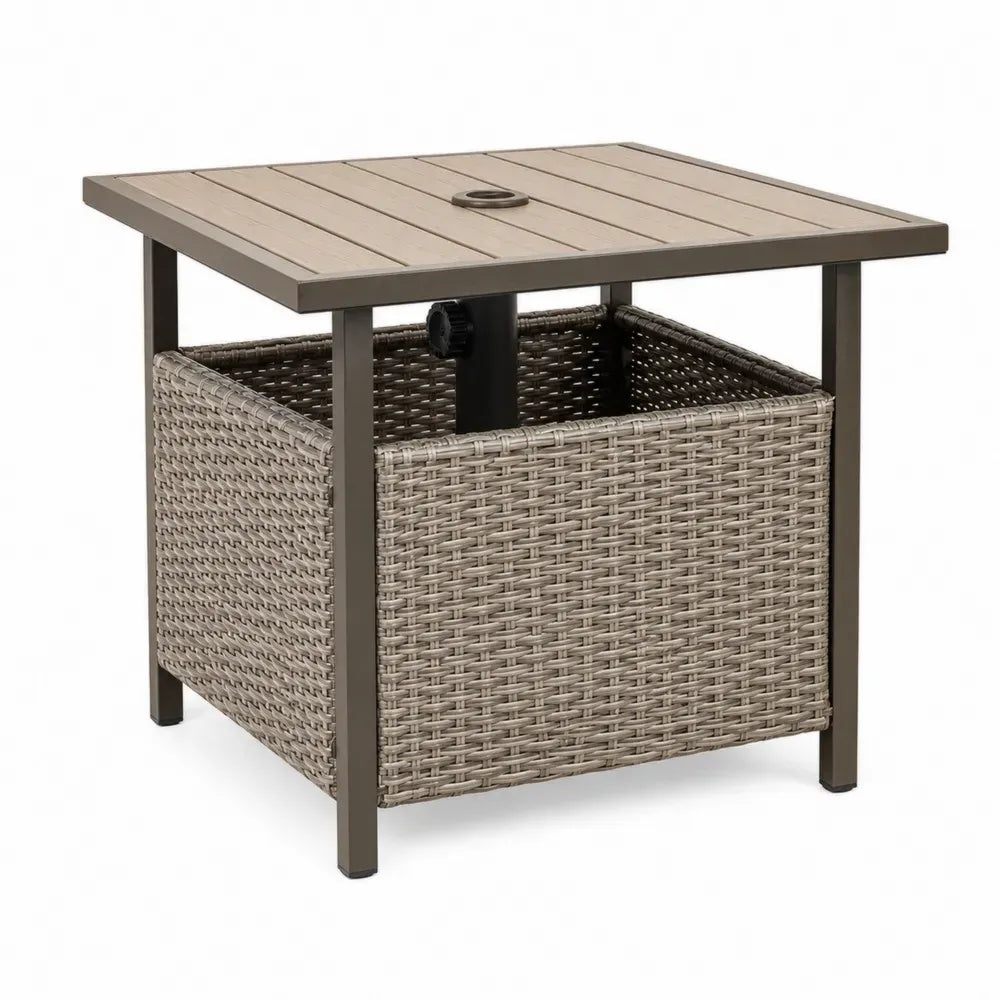Gartentisch Beistelltisch quadratisch aus Stahl PE-Rattan und Polystyrol Taupegrau Braun mit Schirmloch und Korbablage 70 x 70 x 65 cm
