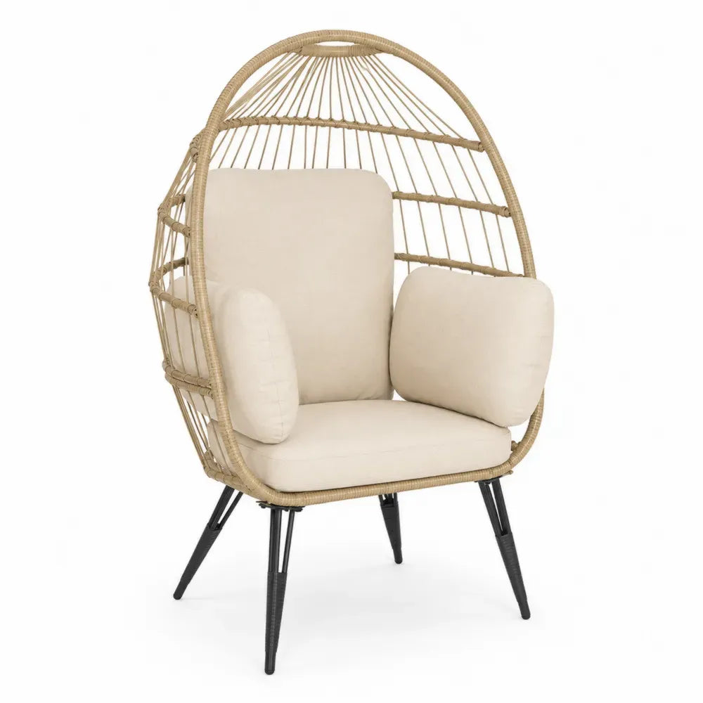 Eiförmiger Gartensessel mit Kissen 88 x 78 x 150 cm aus PE Rattan Stahlrohr und Polyester Beige Creme Schwarz