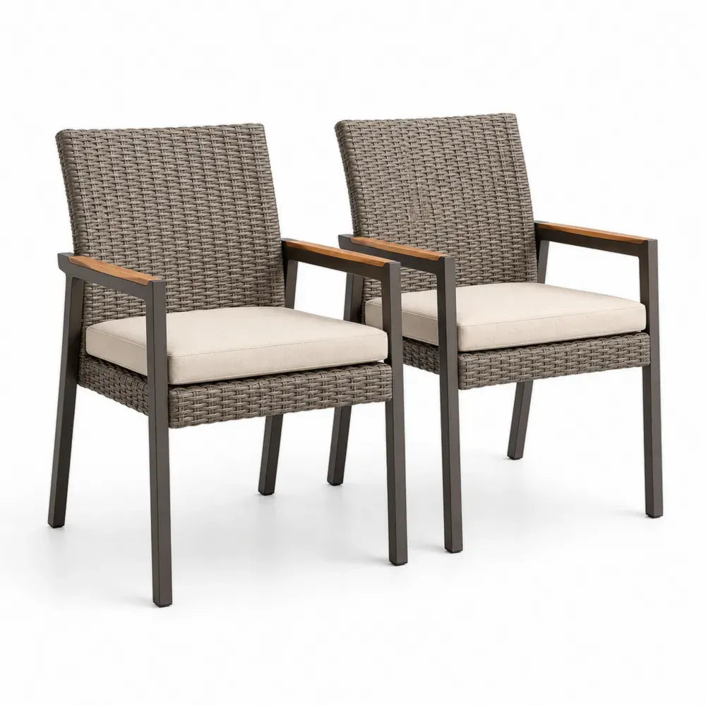 Gartenstühle 2er Set mit Armlehnen Aluminiumrahmen PE-Rattan Akazienholz Polyesterkissen Grau Beige Anthrazit Naturbraun 61 x 64 x 88 cm