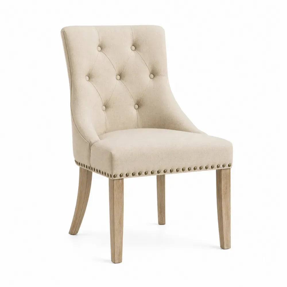 Esszimmerstuhl Polsterstuhl mit Knopfheftung Nagelkopfbesatz Polyestergewebe Kautschukholz rechteckig Beige Naturbraun Antikmessingfarben 52 x 62 x 95 cm