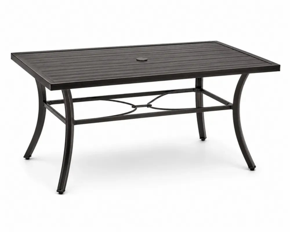 Rechteckiger Gartentisch 150 x 90 x 74 cm aus pulverbeschichtetem Aluminium und Stahlrohr Dunkelbraun Schwarz mit Sonnenschirmloch
