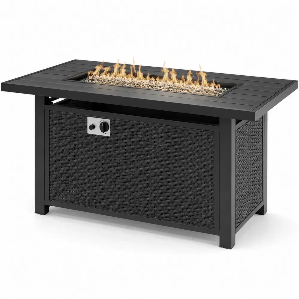 Gas Feuertisch Gartentisch 140 x 70 x 64 cm aus pulverbeschichtetem Stahl PE Rattan und Edelstahl rechteckig Schwarz