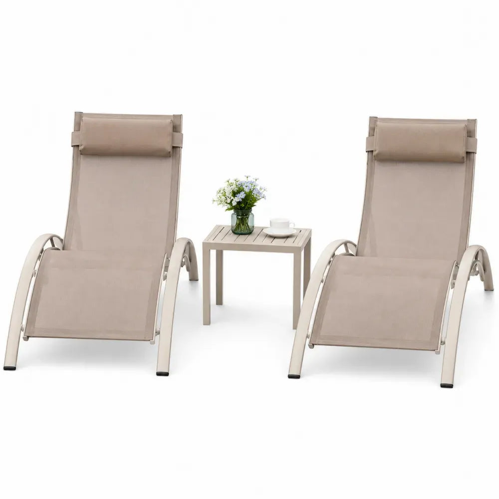 Gartenliege Set 3-teilig mit 2 Liegen und Beistelltisch PVC-beschichtetes Polyestergewebe Aluminium Beige Champagnerfarben 160 x 65 x 100 cm