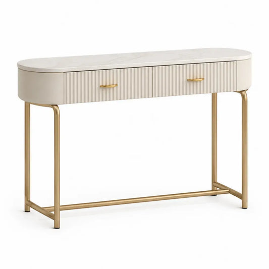 Konsolentisch mit 2 Schubladen 120 x 35 x 80 cm MDF Stahl rechteckig abgerundet Cremeweiß Goldfarben