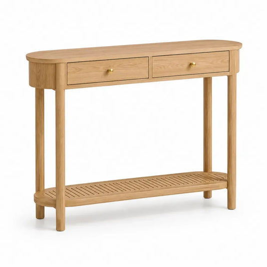 Konsolentisch mit 2 Schubladen und Lamellenablage 100 x 32 x 80 cm Kautschukholz MDF Eichenfurnier abgerundet Naturbraun Messingfarben