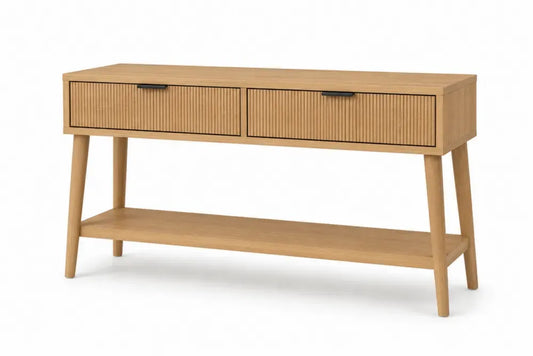 Konsolentisch mit 2 Rillenschubladen und Ablageboden 120 x 35 x 80 cm MDF Eichenfurnier Kautschukholz rechteckig Naturbraun Schwarz