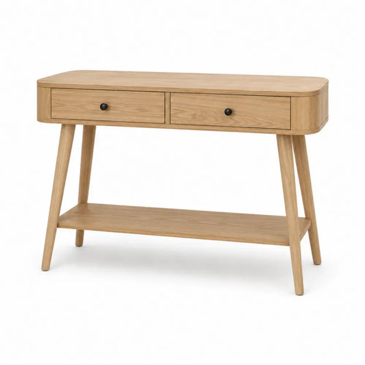 Konsolentisch Flurtisch mit 2 Schubladen und Ablage 110 x 35 x 80 cm MDF Eichenfurnier Kautschukholz abgerundet Naturbraun Schwarz