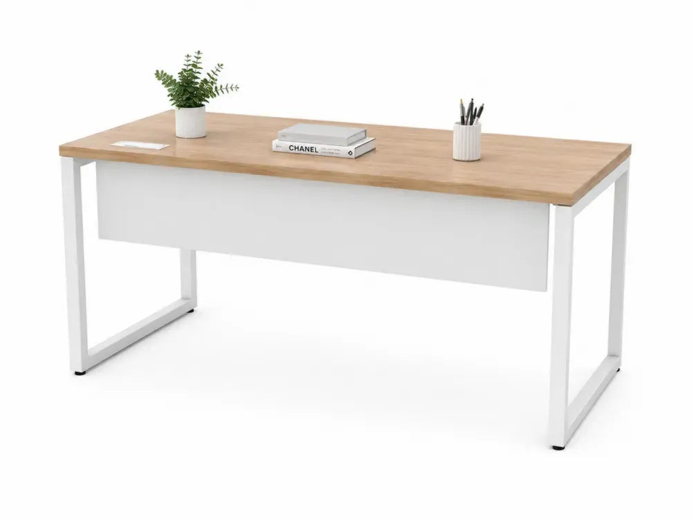 Rechteckiger Schreibtisch 160 x 70 x 75 cm aus melaminbeschichteter Spanplatte mit Sichtblende und Stahlgestell Eiche hell Weiß