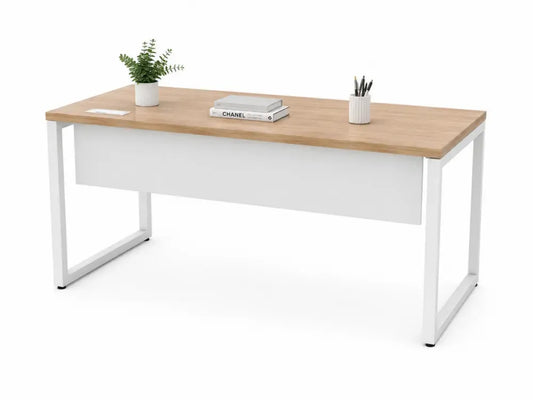 Rechteckiger Schreibtisch 160 x 70 x 75 cm aus melaminbeschichteter Spanplatte mit Sichtblende und Stahlgestell Eiche hell Weiß