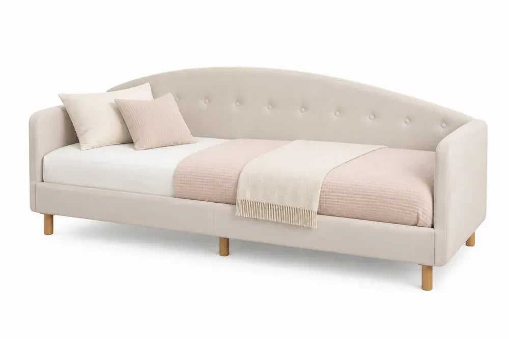 Tagesbett Polsterbett mit Rückenlehne Armlehnen Knopfheftung Polyestergewebe Kautschukholz rechteckig Cremeweiß Naturbraun 205 x 96 x 88 cm