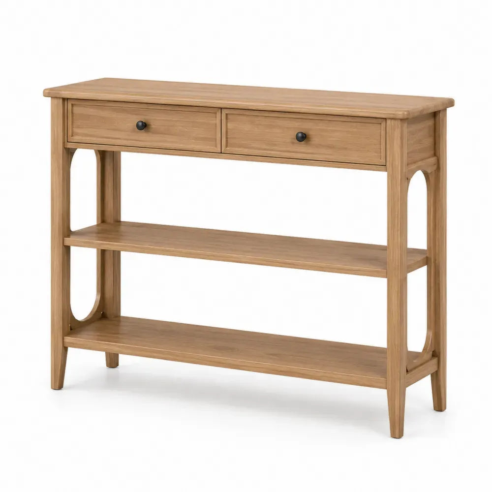 Konsolentisch mit 2 Schubladen und 2 Ablageböden 110 x 35 x 85 cm MDF Eichenfurnier Kautschukholz rechteckig Naturbraun Schwarz