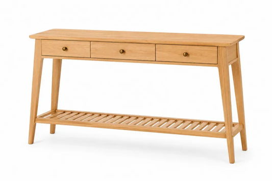 Konsolentisch Flurtisch mit 3 Schubladen und Lamellenablage 120 x 35 x 80 cm MDF Eichenfurnier Kautschukholz rechteckig Naturbraun Messingfarben