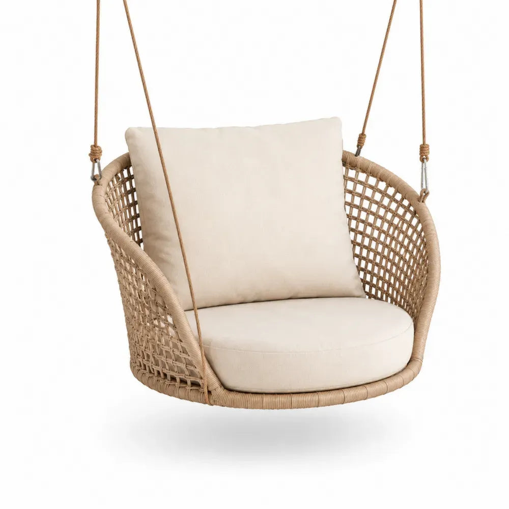 Hängesessel für Garten mit Kissen ohne Gestell PE-Rattan Polyesterseil Natur Cremeweiß Silberfarben 95 x 75 x 120 cm