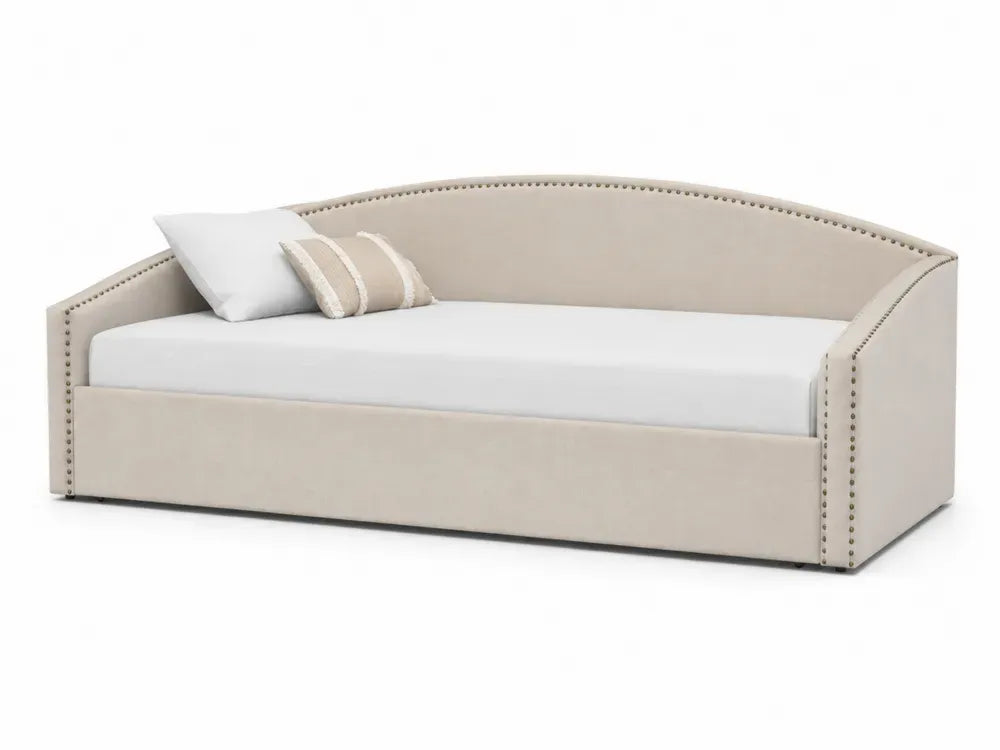 Tagesbett Polsterbett 210 x 98 x 82 cm Polyester Velours MDF halbrunde Rückenlehne Beige Weiß Antikmessing