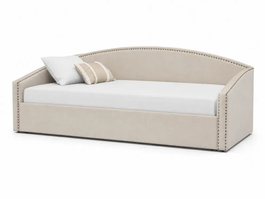 Tagesbett Polsterbett 210 x 98 x 82 cm Polyester Velours MDF halbrunde Rückenlehne Beige Weiß Antikmessing