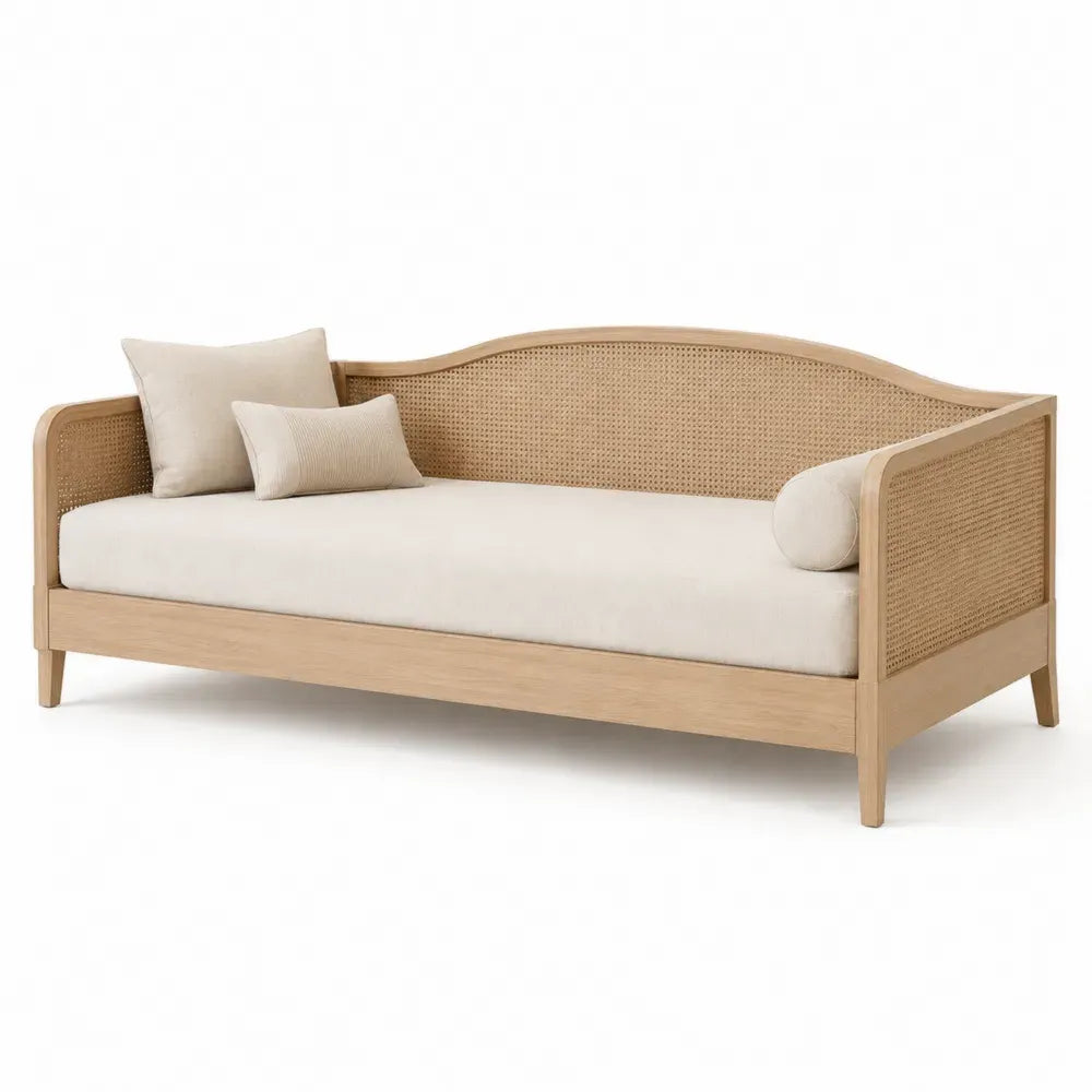 Tagesbett Schlafsofa 210 x 96 x 82 cm Kautschukholz Rattan Geflecht rechteckig mit Polsterauflage Natur Beige