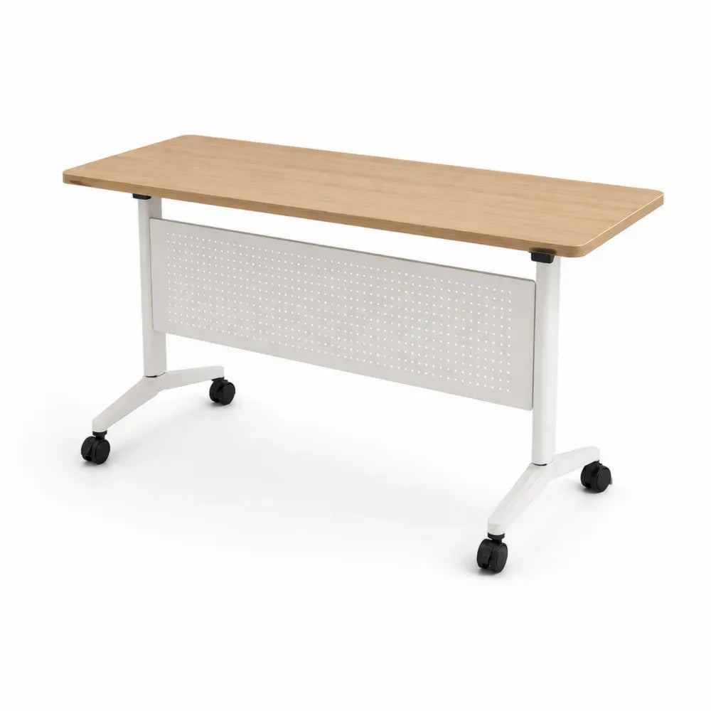Rollbarer Schreibtisch 120 x 60 x 75 cm melaminharzbeschichtete Spanplatte pulverbeschichteter Stahl rechteckig Eiche hell Weiß Schwarz