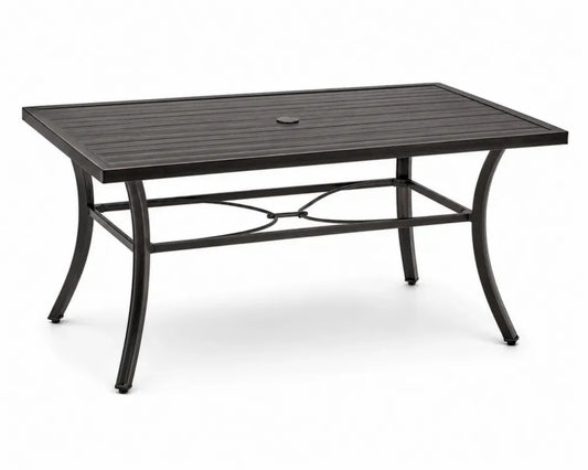 Rechteckiger Gartentisch 150 x 90 x 74 cm aus pulverbeschichtetem Aluminium und Stahlrohr Dunkelbraun Schwarz mit Sonnenschirmloch