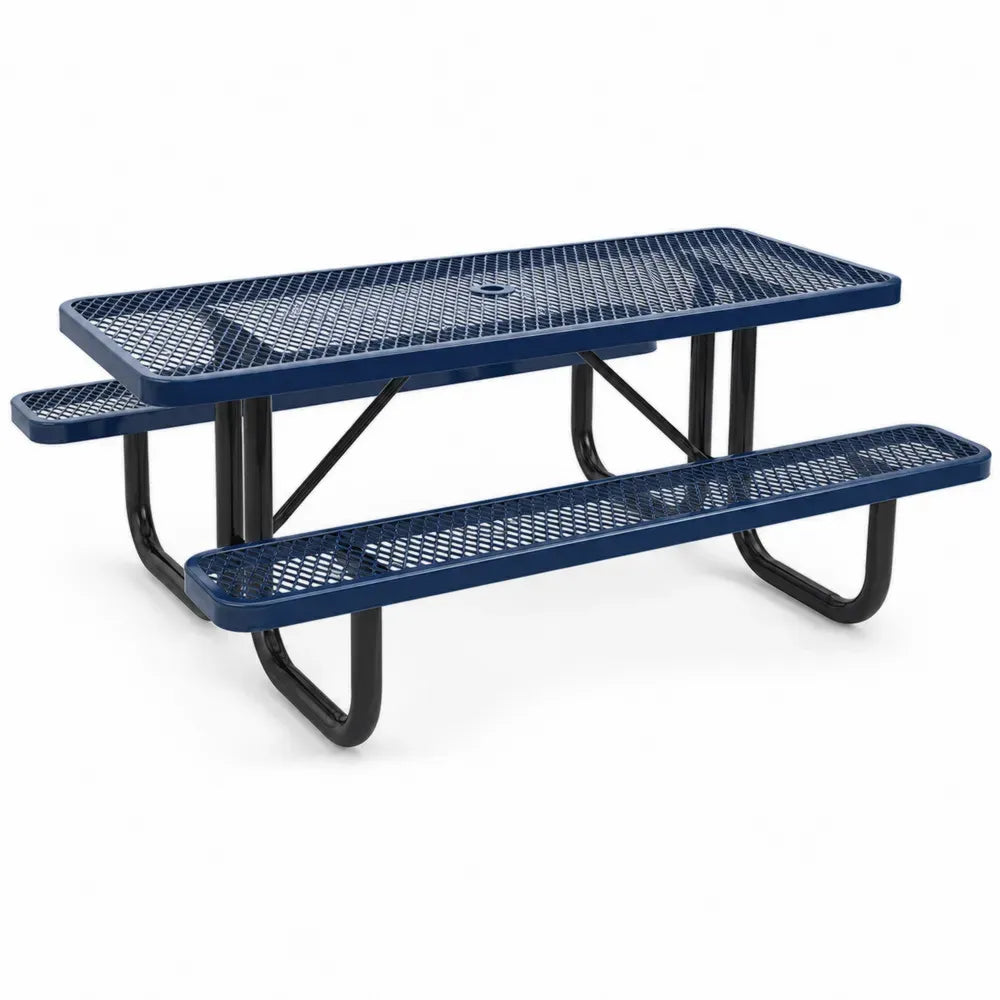 Picknicktisch mit 2 Bänken aus pulverbeschichtetem Stahl rechteckig Blau Schwarz mit Sonnenschirmloch 183 x 147 x 74 cm