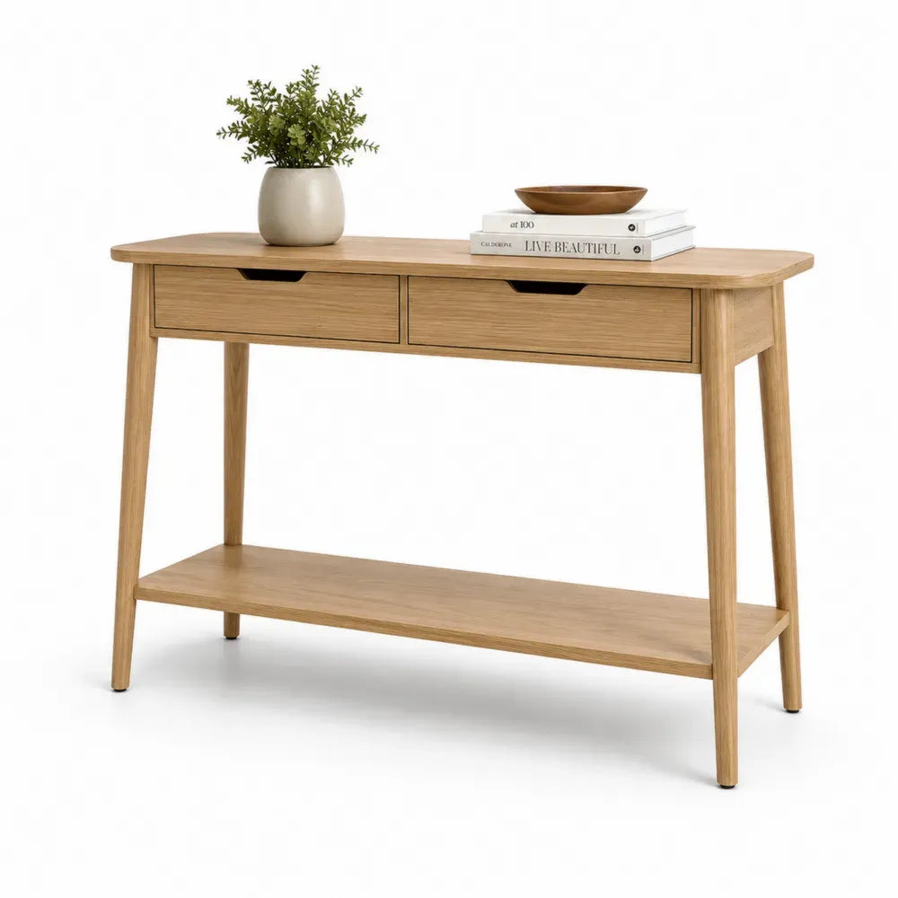 Konsolentisch mit 2 Schubladen und Ablageboden 120 x 35 x 80 cm MDF Eichenfurnier Kautschukholz rechteckig Naturbraun Schwarz