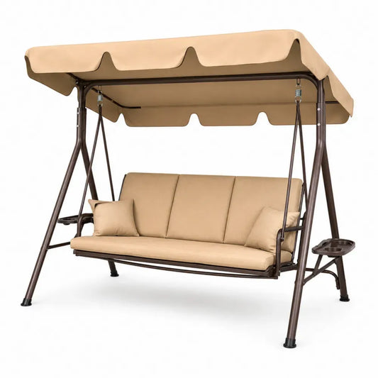 Hollywoodschaukel 3-Sitzer mit Sonnendach und Seitentischen 235 x 125 x 175 cm aus pulverbeschichtetem Stahl und Polyester Beige Dunkelbraun