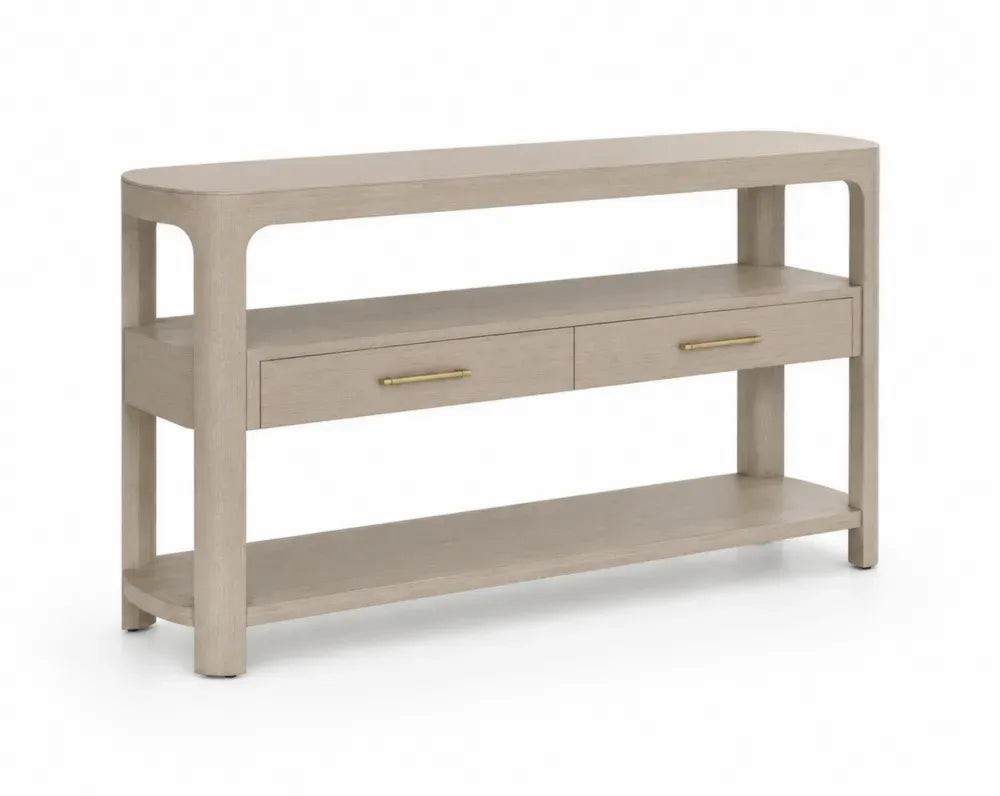 Konsolentisch Flurtisch mit 2 Schubladen und Ablagen MDF Eschenfurnier Kautschukholz abgerundet rechteckig Beige Naturbraun Messingfarben 120 x 35 x 80 cm