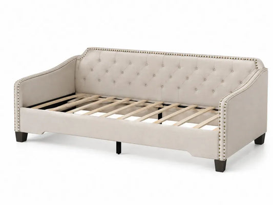 Tagesbett Polsterbett mit Lattenrost Knopfheftung Nagelkopfbesatz Polyestergewebe rechteckig Beige Messingfarben Dunkelbraun Schwarz 205 x 96 x 88 cm